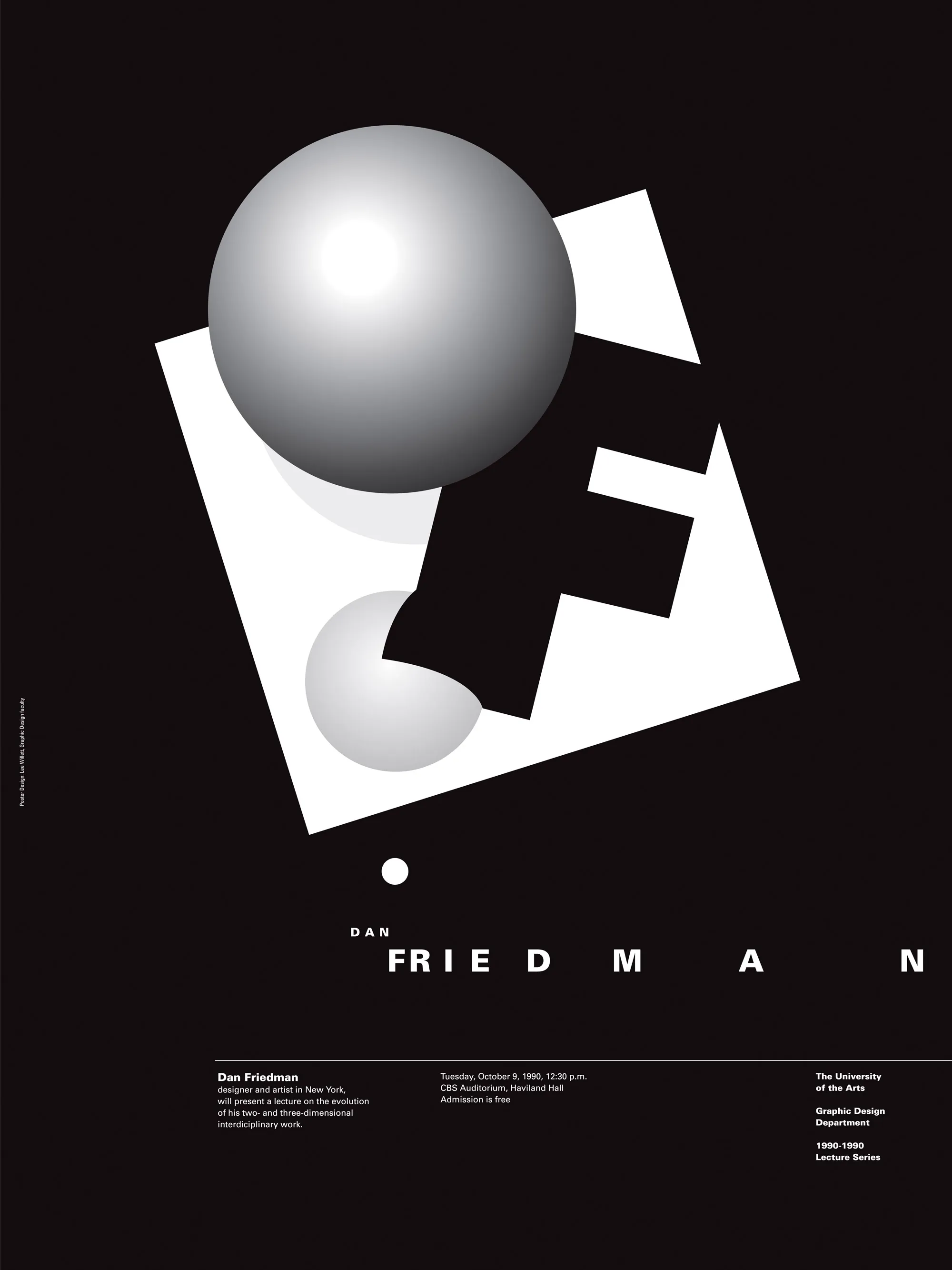 Poster of Dan Friedman's highlighting the letter F with two spheres on it