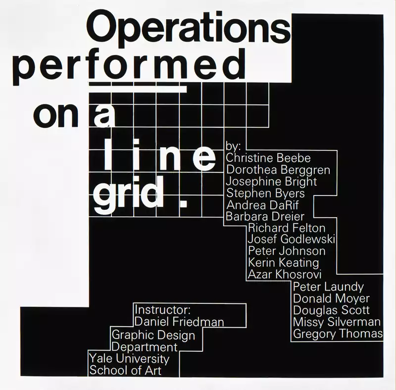 Dan Friedman's operations on a gird poster that highlights the combination of grids and reverse bars